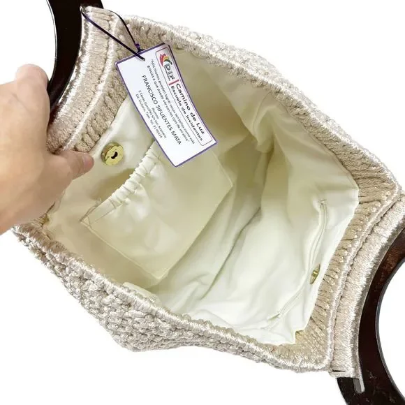 NEW Hand Woven Knit Macrame Large Bag Ivory Wood Handles Pockets Lined Magnetic - Picture 6 of 10